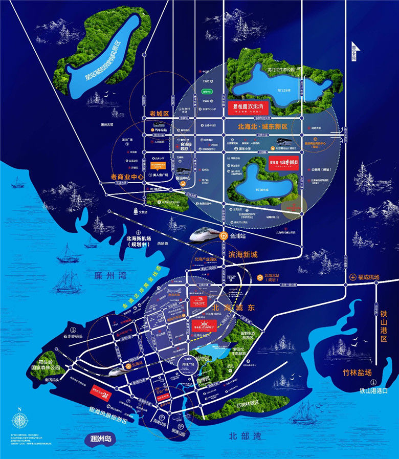 碧桂园北海6个楼盘地理位置示意图